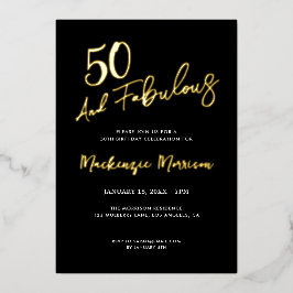 Black Fifty and Fabulous Script Birthday Folie Uitnodiging