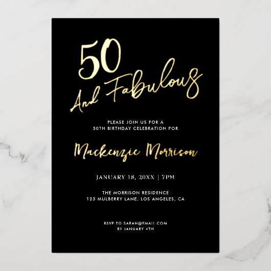 Black Fifty and Fabulous Script Birthday Folie Uitnodiging (Voorkant)