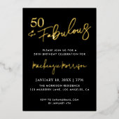 Black Fifty and Fabulous Script Birthday Folie Uitnodiging (Voorkant)