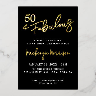 Black Fifty and Fabulous Script Birthday Folie Uitnodiging