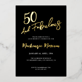 Black Fifty and Fabulous Script Birthday Party Folie Uitnodiging