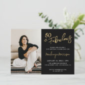 Black Fifty and Fabulous Script Birthday Party Kaart (Staand voorkant)