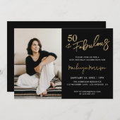Black Fifty and Fabulous Script Birthday Party Kaart (Voorkant / Achterkant)
