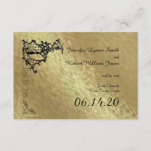 Black Filigree Mask on Gold Save the Date