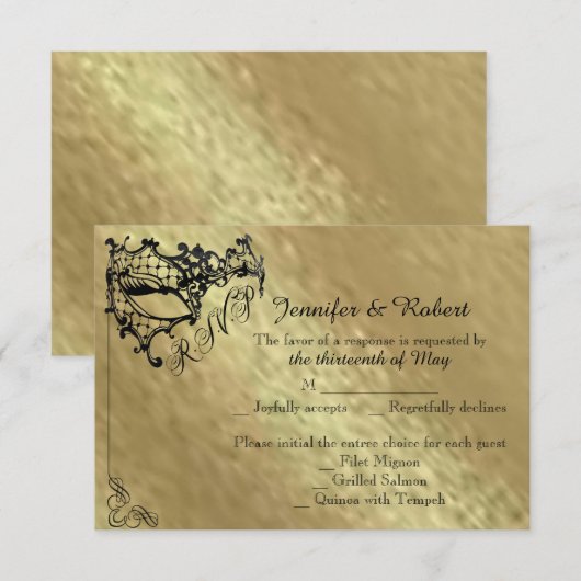 Black Filigree Mask op Gold Response Card RSVP Kaartje (Voorkant / Achterkant)