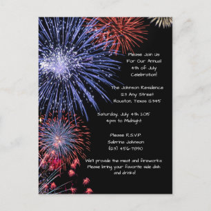 Black Fireworks 4th of Juli Party Invitation Uitnodiging Briefkaart