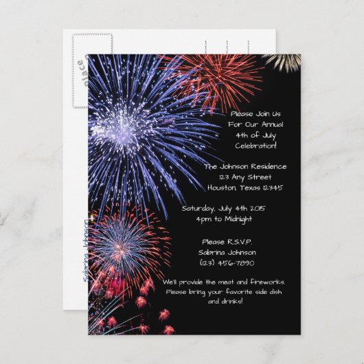 Black Fireworks 4th van juli Feestuitnodiging Uitnodiging Briefkaart (Voorkant / Achterkant)