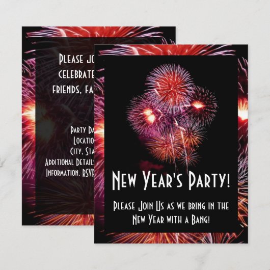 Black Fireworks New Years Party Small Invitation Kaart (Voorkant / Achterkant)