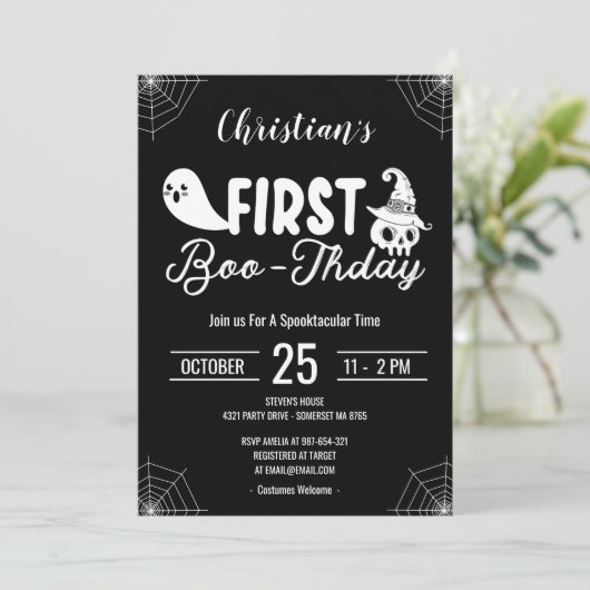 Black First Boo-thday Custom Halloween Birthday Kaart (Staand voorkant)
