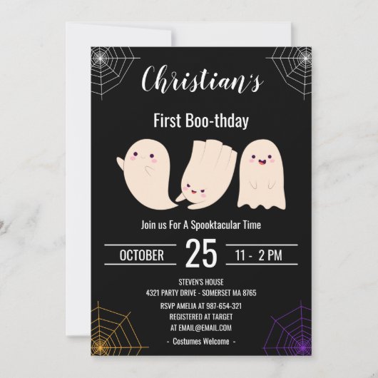 Black First Boo-thday Custom Halloween Birthday Kaart (Voorkant)