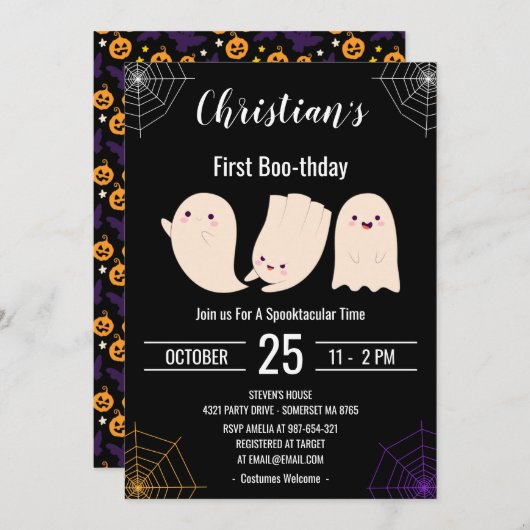 Black First Boo-thday Custom Halloween Birthday Kaart (Voorkant / Achterkant)