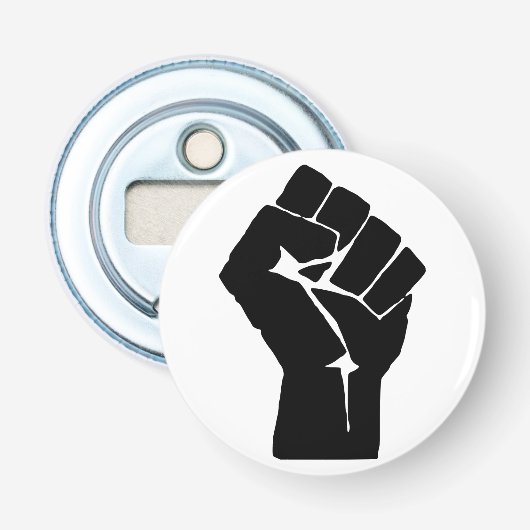 Black Fist Raised — Resistance Protest Button Flesopener (Voorkant)