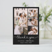 Black Five Photo Collage Script Wedding Bedankkaart (Staand voorkant)