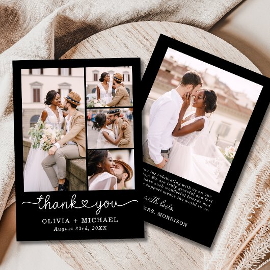 Black Five Photo Collage Script Wedding Bedankkaart