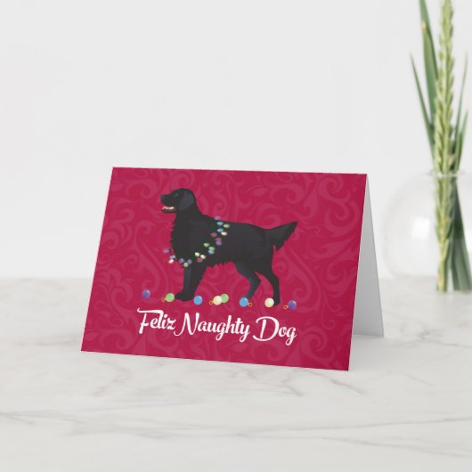 Black Flat Coated Retriever Feliz Naughty Dog Feestdagen Kaart (Voorkant)