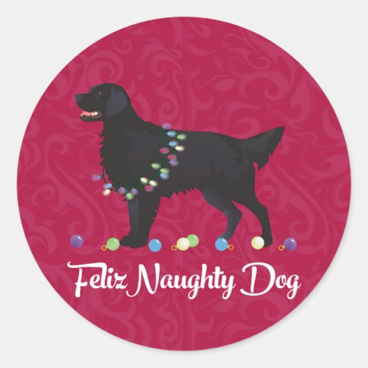 Black Flat Coated Retriever Feliz Naughty Dog Ronde Sticker (Voorkant)
