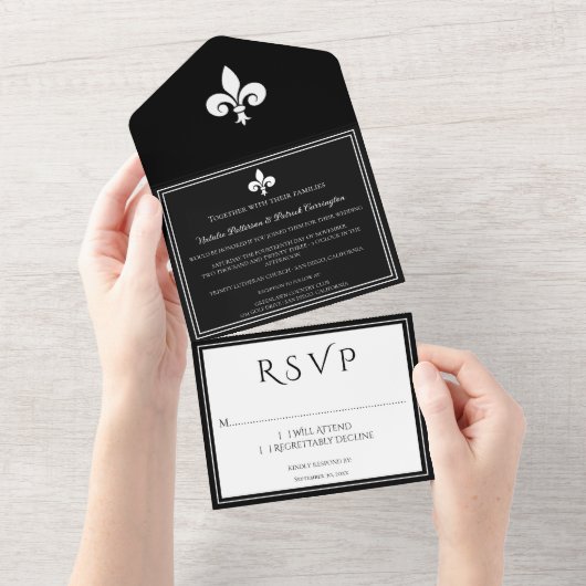 Black Fleur de Lis All in One Wedding Invite Uitnodiging (Afscheurbaar)
