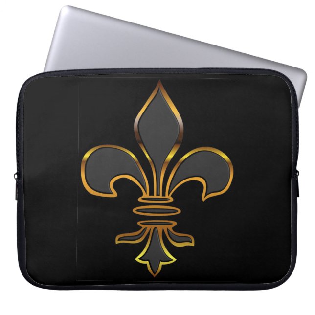 Black Fleur-de-lis Trimmed in Gold Laptop Sleeve (Voorkant)