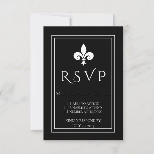 Black Fleur de Lis Wedding RSVP Kaart (Voorkant)