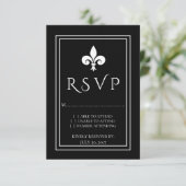 Black Fleur de Lis Wedding RSVP Kaart (Staand voorkant)