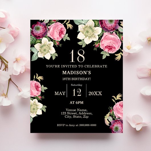 Black Floral 18e budget verjaardagsuitnodiging