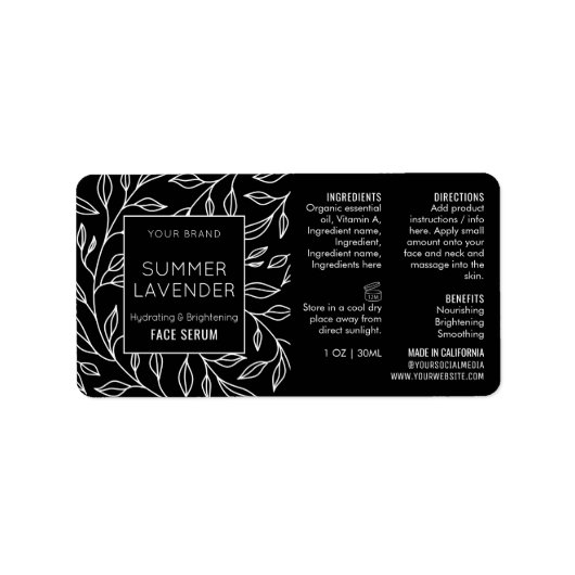 Black Floral 1 OZ Skincare Dropper Flesetiket Etiket (Voorkant)
