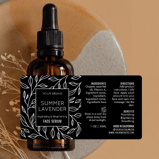 Black Floral 1 OZ Skincare Dropper Flesetiket Etiket