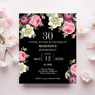 Black Floral 30e Budget Verjaardag Uitnodiging