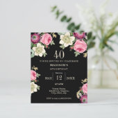 Black Floral 40e Budget Verjaardag Uitnodiging (Staand voorkant)