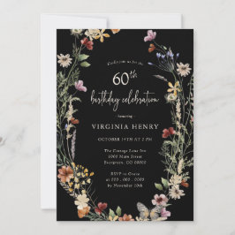 Black Floral 60th Birthday Party Invitation Kaart