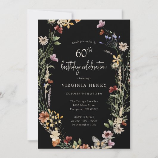 Black Floral 60th Birthday Party Invitation Kaart (Voorkant)