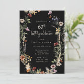 Black Floral 60th Birthday Party Invitation Kaart (Staand voorkant)
