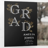 Black Floral Afstuderen Fotoaankondiging Drieluik Uitnodiging (Binnenzijde eerst)