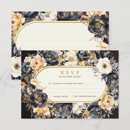 Black Floral Boarder Bruiloft Reactie Kaart (Voorkant / Achterkant)