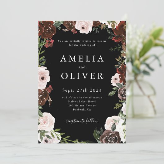 Black Floral Bourgondië Blush bruiloft Kaart (Staand voorkant)