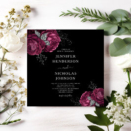 Black Floral Burgundy Peonies Wedding Kaart