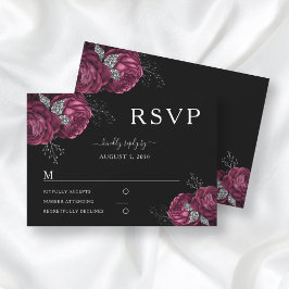 Black Floral Burgundy Peonies Wedding RSVP Kaartje