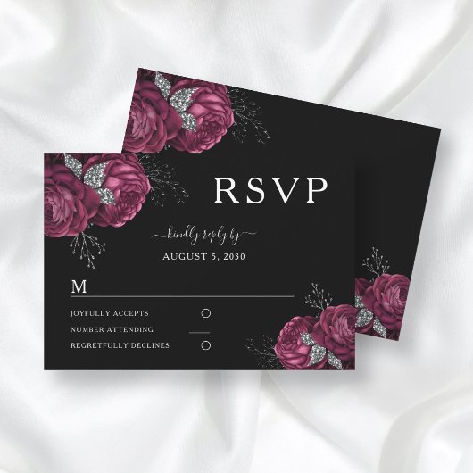 Black Floral Burgundy Peonies Wedding RSVP Kaartje