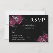 Black Floral Burgundy Peonies Wedding RSVP Kaartje (Voorkant)