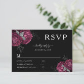 Black Floral Burgundy Peonies Wedding RSVP Kaartje (Staand voorkant)
