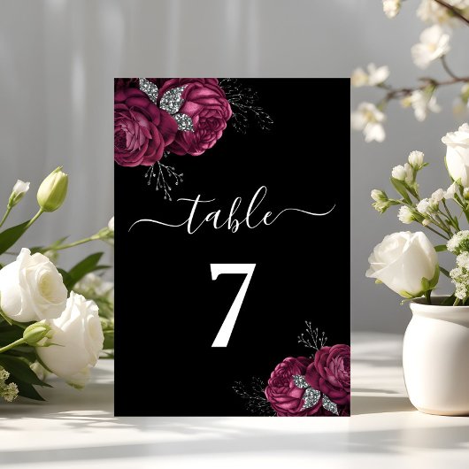 Black Floral Burgundy Peonies Wedding Table Number Kaart