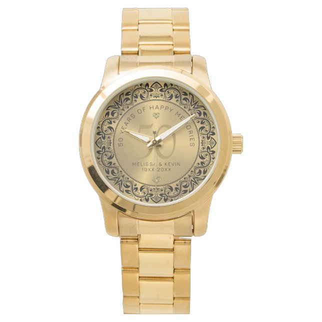 Black Floral Circle 50th Wedding Jubileum Horloge (Voorkant)