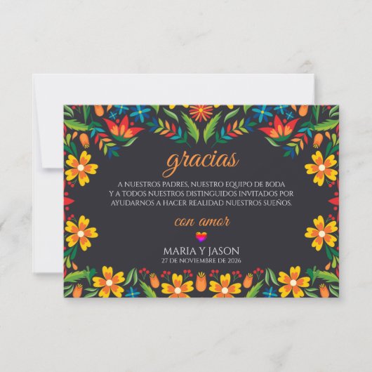 Black Floral Colorful Botanical Spanish Wedding Bedankkaart (Voorkant)