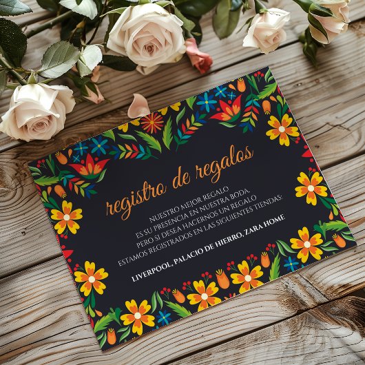 Black Floral Colorful Botanical Spanish Wedding Informatiekaartje