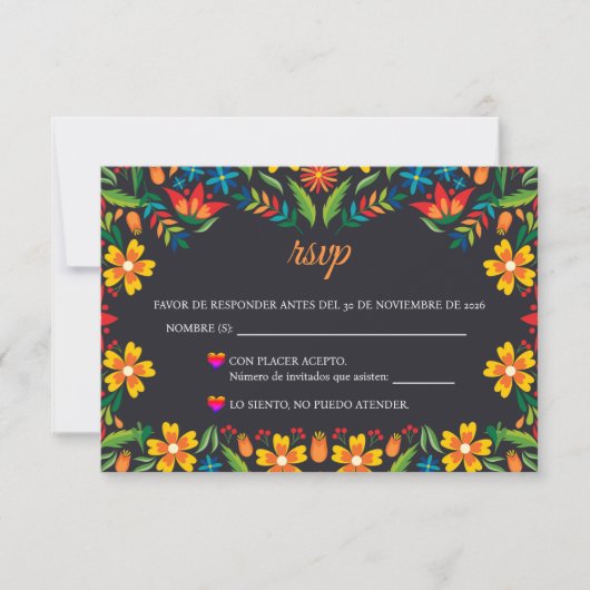 Black Floral Colorful Botanical Spanish Wedding RSVP Kaartje (Voorkant)