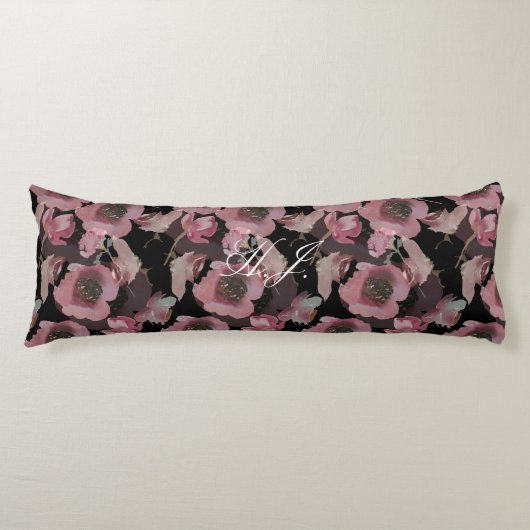 Black Floral Custom Initialen Body Pillow Lichaamskussen (Voorkant)