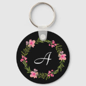 Black Floral Custom Monogram Sleutelhanger (Voorkant)