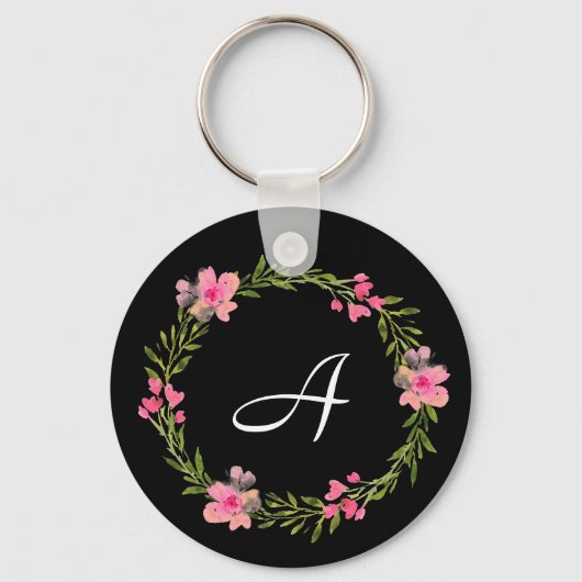Black Floral Custom Monogram Sleutelhanger (Voorkant)