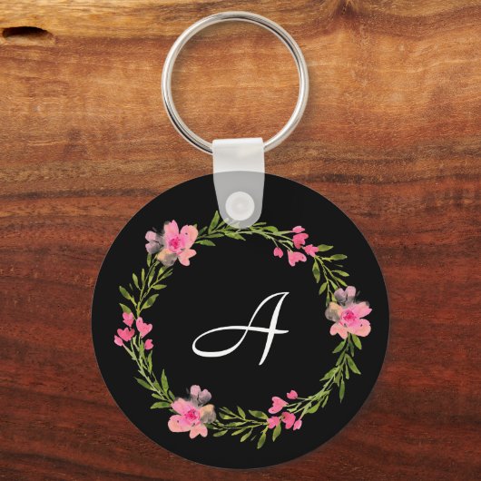 Black Floral Custom Monogram Sleutelhanger (Voorkant)