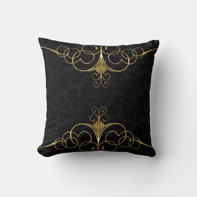 Black Floral Damascus & Gold Swirly Lijst Kussen (Voorkant)